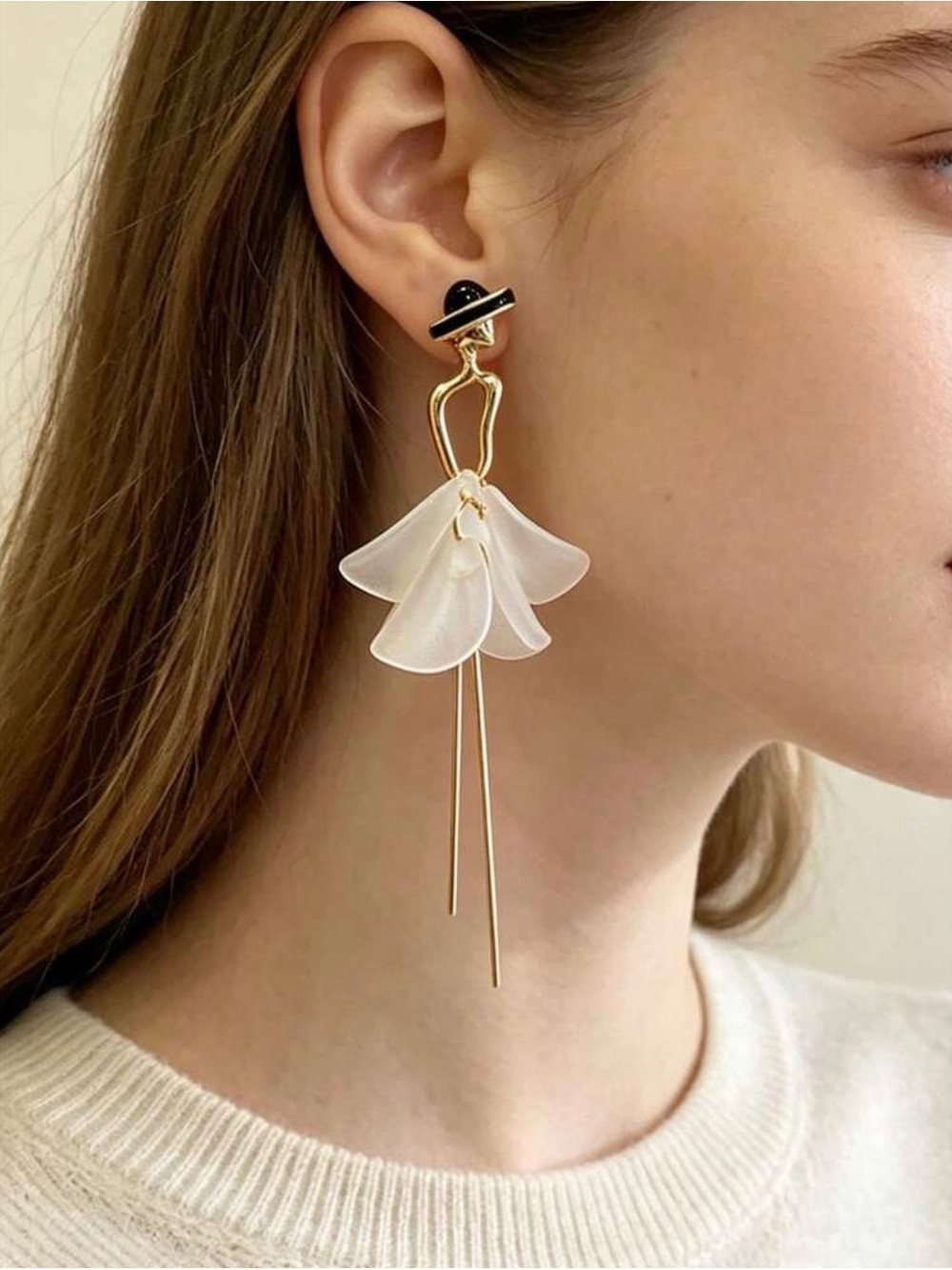 Elegant White  Flower Petal Dangle Earrings with Gold Accents